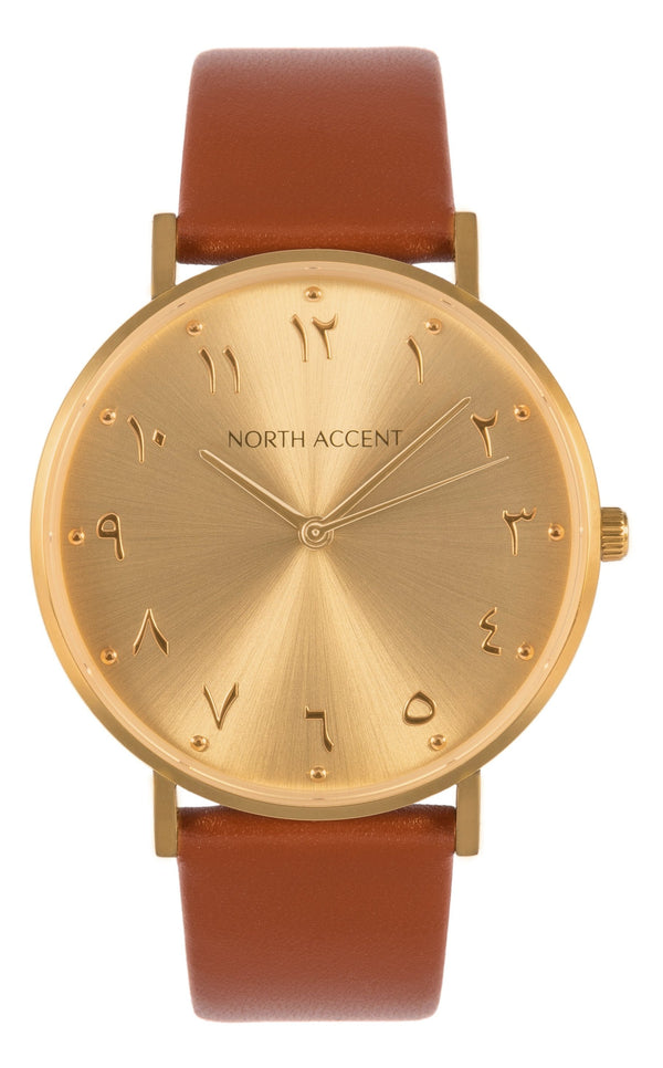 Soleil Gold | Caramel Leather - NORTH ACCENT Inc., Watch watches men women luxury arabic watch classic minimalist,