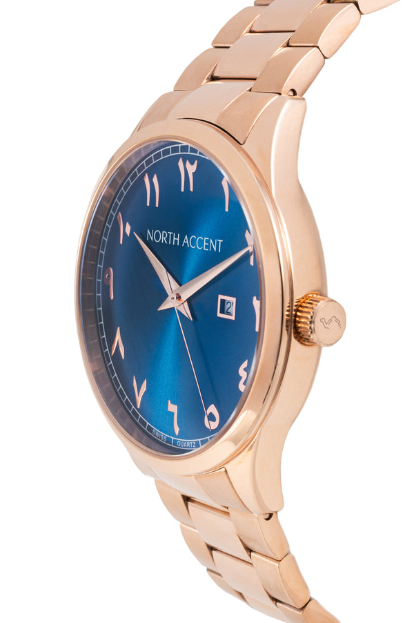 Blue dial rose gold watch top