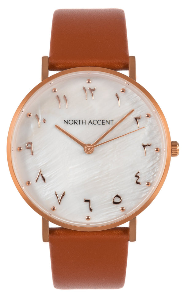 Pearl Rose | Caramel Leather - NORTH ACCENT Inc., Watch watches men women luxury arabic watch classic minimalist,