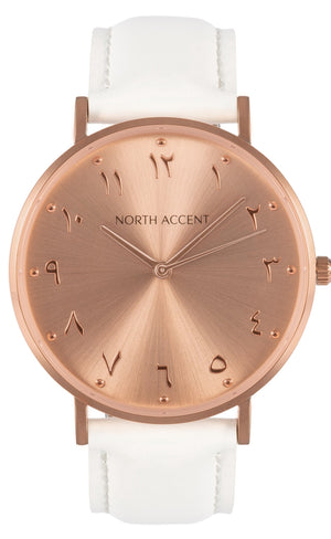 Soleil Rose | White Leather - NORTH ACCENT Inc., Watch watches men women luxury arabic watch classic minimalist,