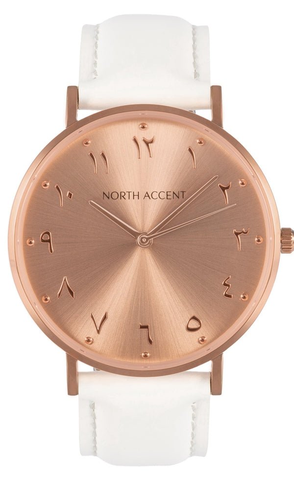 Soleil Rose | White Leather - NORTH ACCENT Inc., Watch watches men women luxury arabic watch classic minimalist,