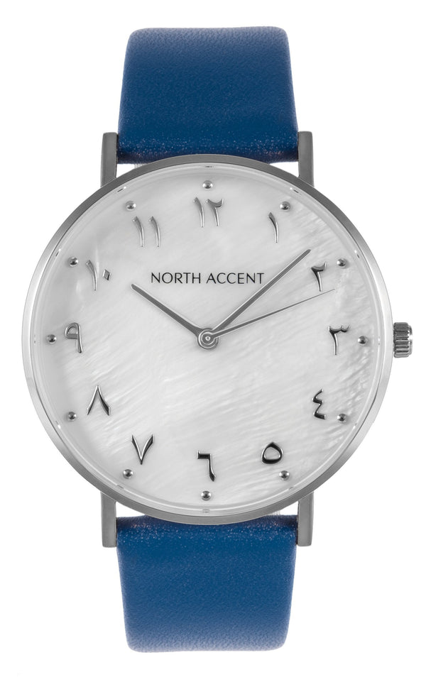 Pearl Silver | Blue Leather - NORTH ACCENT Inc., Watch watches men women luxury arabic watch classic minimalist,