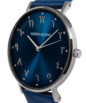 Azure Silver | Blue Leather - NORTH ACCENT Inc., Watch watches men women luxury arabic watch classic minimalist,