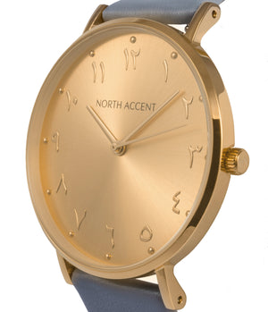 Soleil Gold | Blue Leather - NORTH ACCENT Inc., Watch watches men women luxury arabic watch classic minimalist,