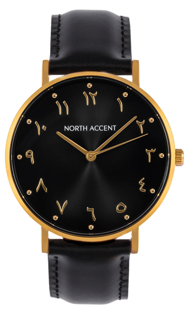 Aswad Gold | Black Leather - NORTH ACCENT Inc., Watch watches men women luxury arabic watch classic minimalist,