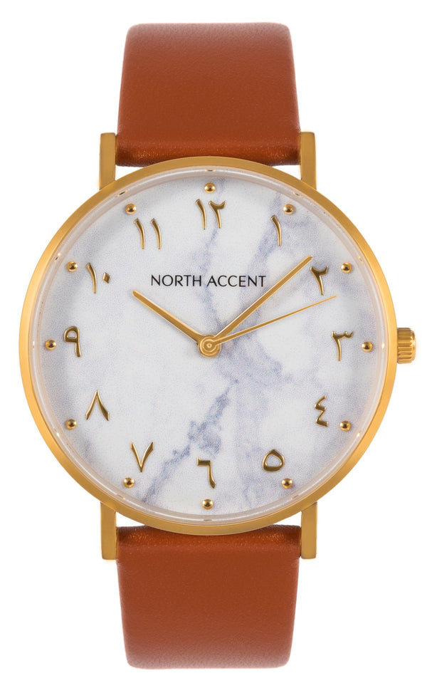 Marble Gold | Caramel Leather - NORTH ACCENT Inc., Watch watches men women luxury arabic watch classic minimalist,