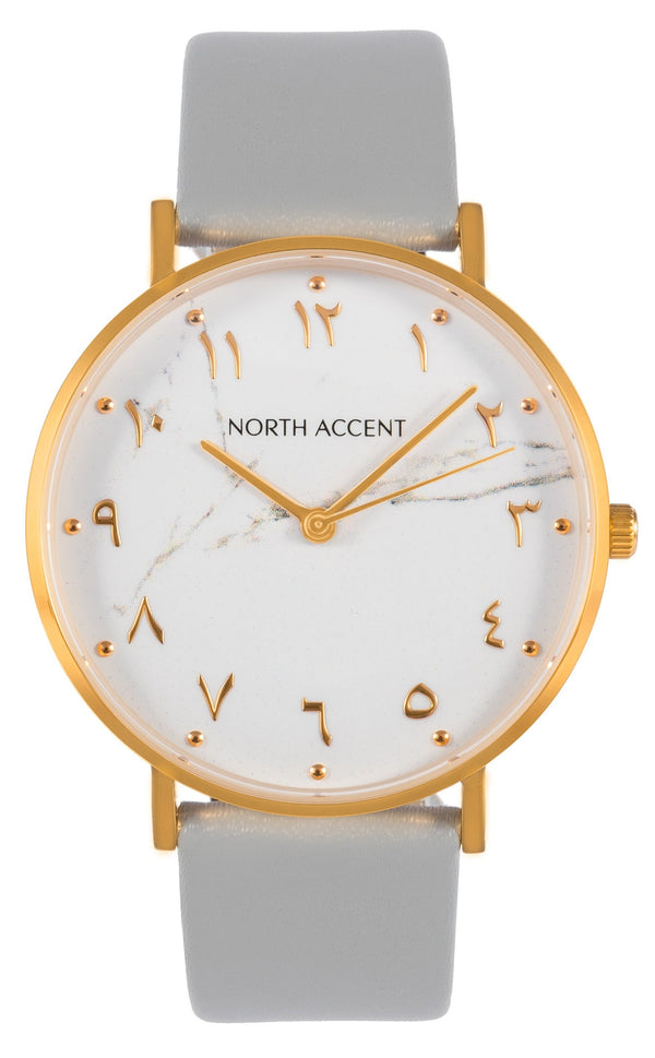 Marble Gold | Gray Leather - NORTH ACCENT Inc., Watch watches men women luxury arabic watch classic minimalist,