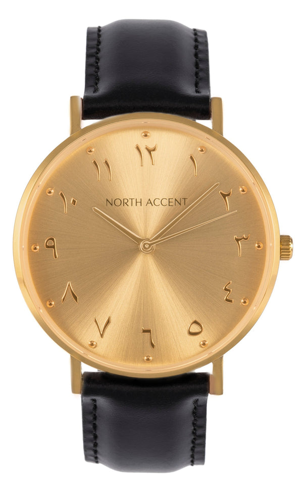 Soleil Gold | Black Leather - NORTH ACCENT Inc., Watch watches men women luxury arabic watch classic minimalist,