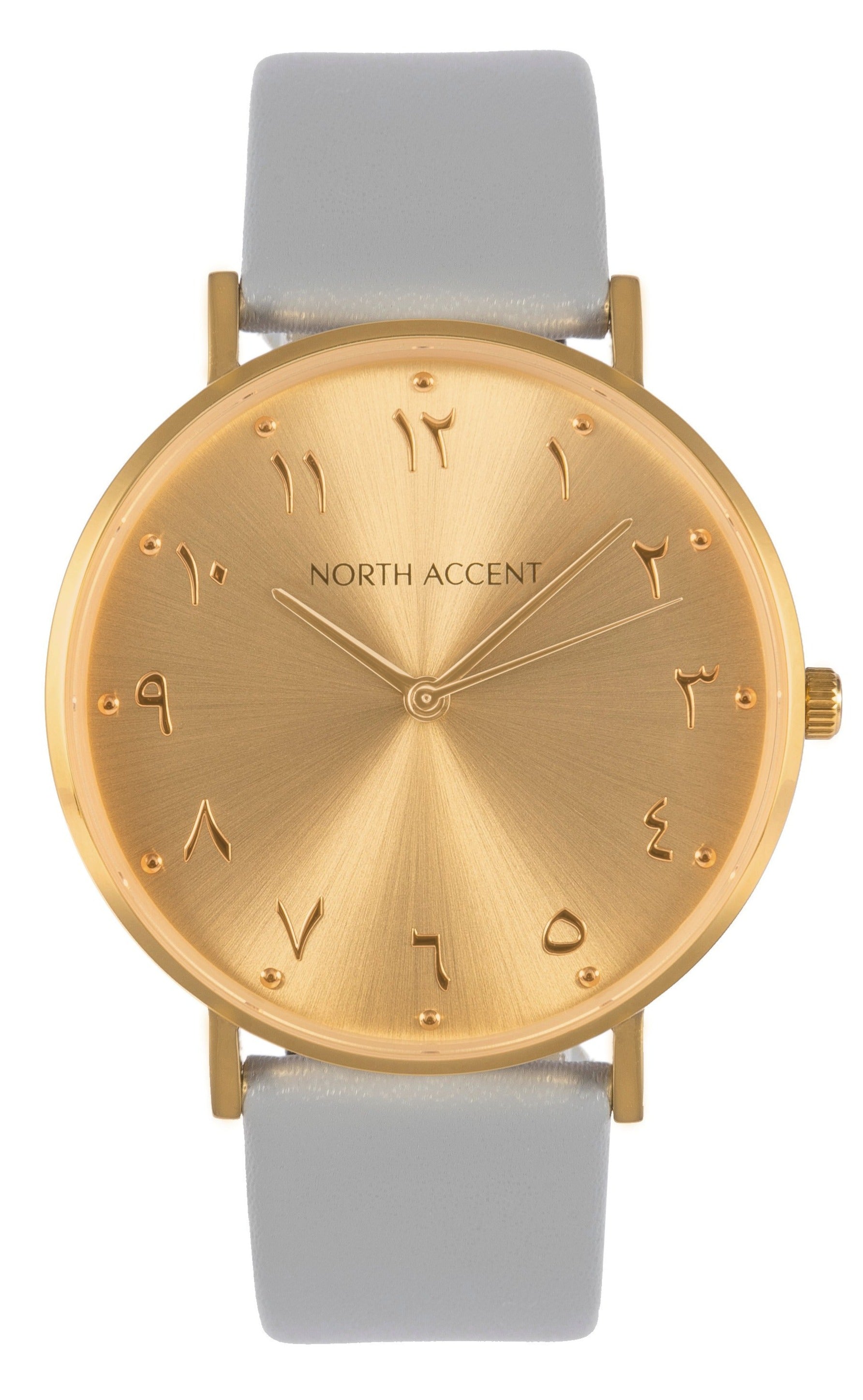 Soleil Gold | Gray Leather - NORTH ACCENT Inc., Watch watches men women luxury arabic watch classic minimalist,