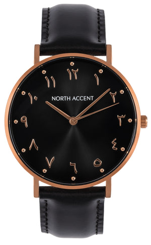 Aswad Rose | Black Leather - NORTH ACCENT Inc., Watch watches men women luxury arabic watch classic minimalist,