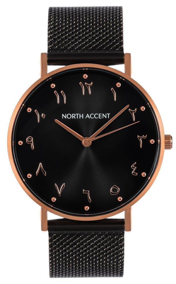 Aswad Rose | Black Steel - NORTH ACCENT Inc., Watch watches men women luxury arabic watch classic minimalist,