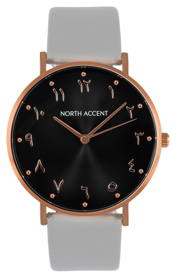 Aswad Rose | Gray Leather - NORTH ACCENT Inc., Watch watches men women luxury arabic watch classic minimalist,
