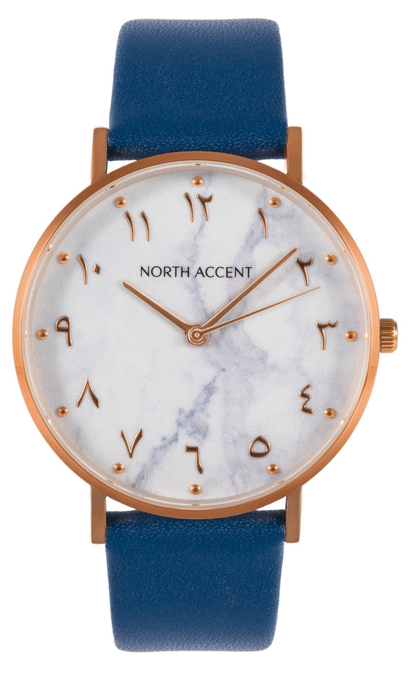 Marble Rose | Blue Leather - NORTH ACCENT Inc., Watch watches men women luxury arabic watch classic minimalist,