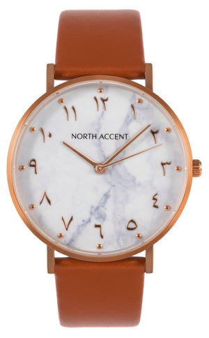 Marble Rose | Caramel Leather - NORTH ACCENT Inc., Watch watches men women luxury arabic watch classic minimalist,