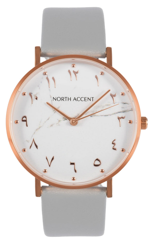 Marble Rose | Gray Leather - NORTH ACCENT Inc., Watch watches men women luxury arabic watch classic minimalist,