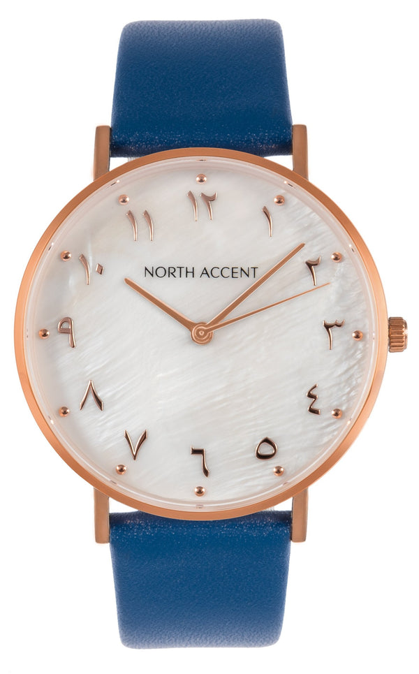 Pearl Rose | Blue Leather - NORTH ACCENT Inc., Watch watches men women luxury arabic watch classic minimalist,