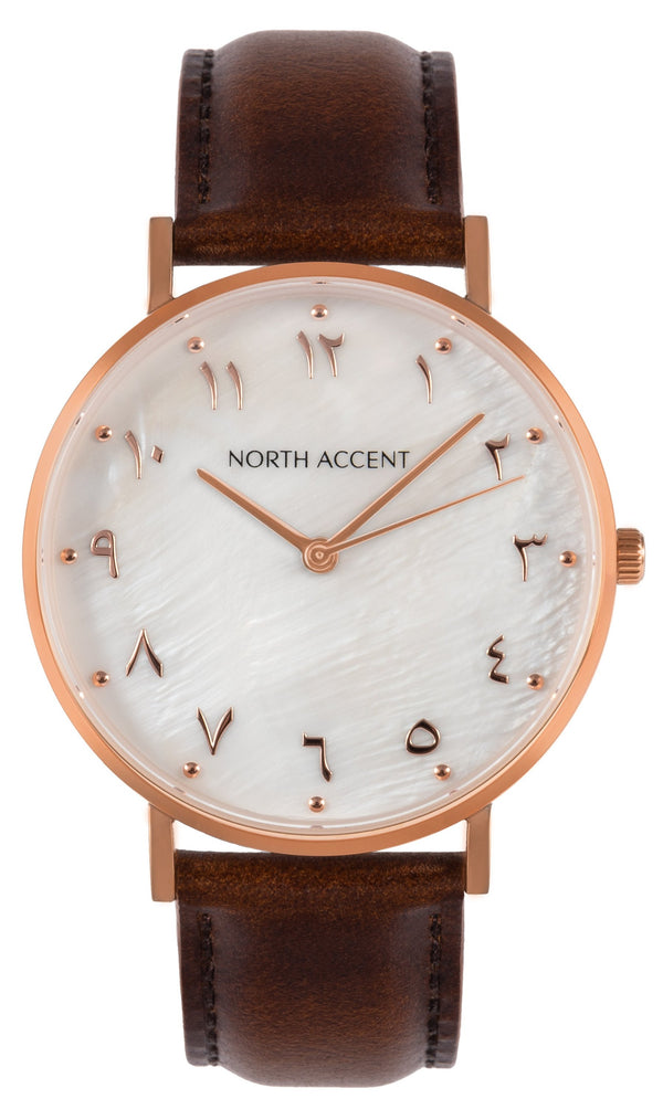 Pearl Rose | Espresso Leather - NORTH ACCENT Inc., Watch watches men women luxury arabic watch classic minimalist,