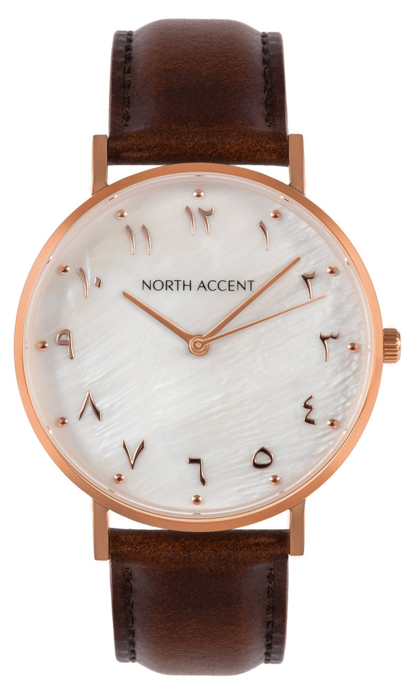 Pearl Rose | Espresso Leather - NORTH ACCENT Inc., Watch watches men women luxury arabic watch classic minimalist,