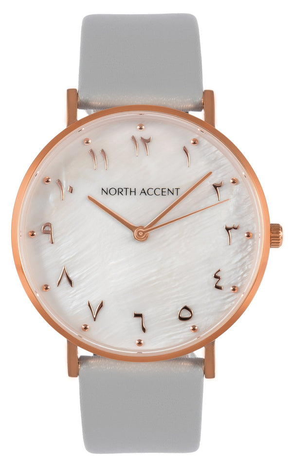Pearl Rose | Gray Leather - NORTH ACCENT Inc., Watch watches men women luxury arabic watch classic minimalist,