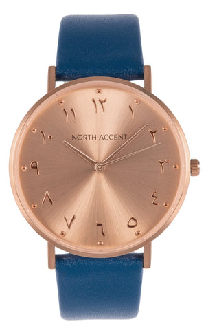 Soleil Rose | Blue Leather - NORTH ACCENT Inc., Watch watches men women luxury arabic watch classic minimalist,