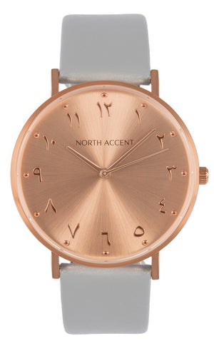 Soleil Rose | Gray Leather - NORTH ACCENT Inc., Watch watches men women luxury arabic watch classic minimalist,