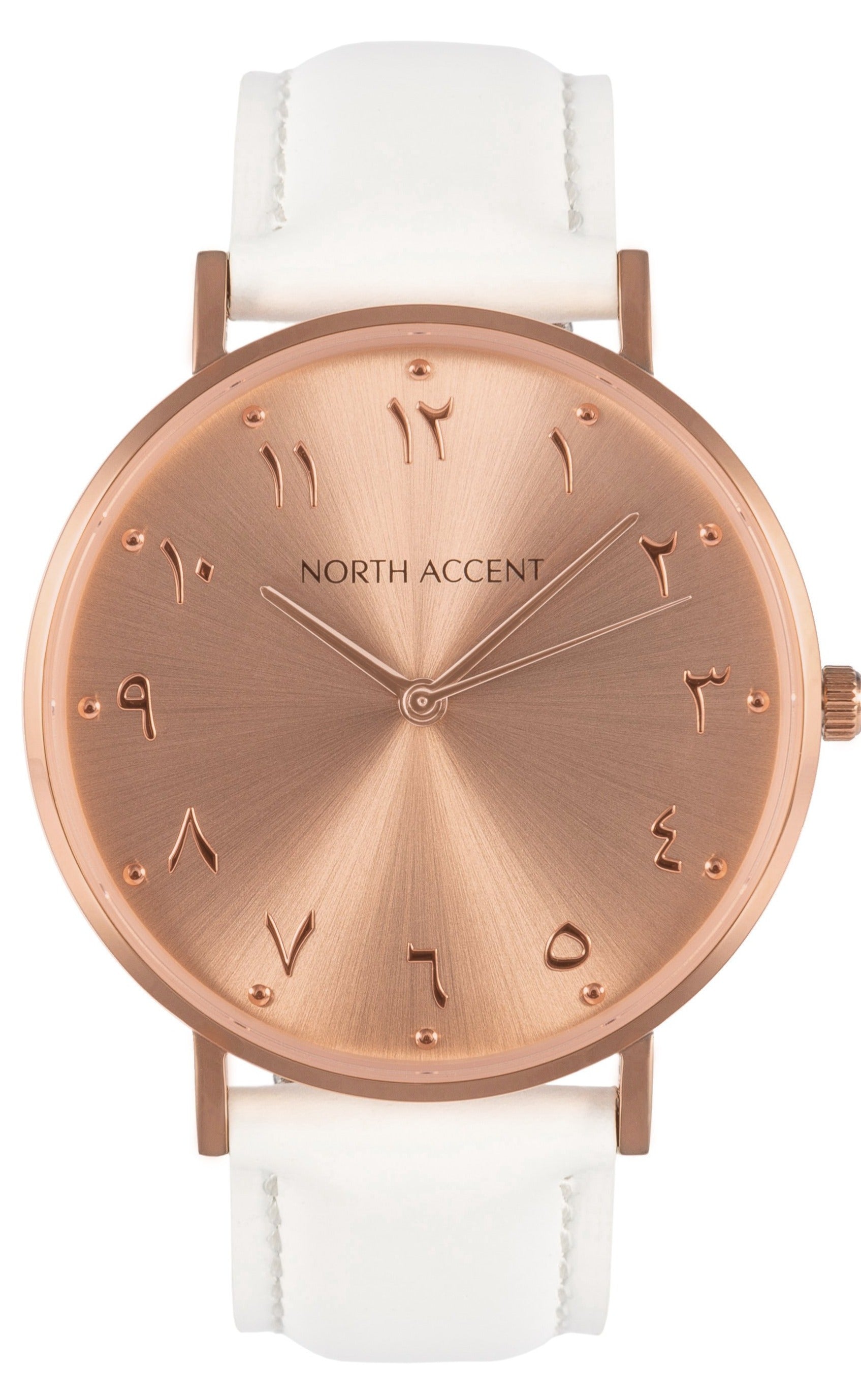 Soleil Rose | White Leather - NORTH ACCENT Inc., Watch watches men women luxury arabic watch classic minimalist,