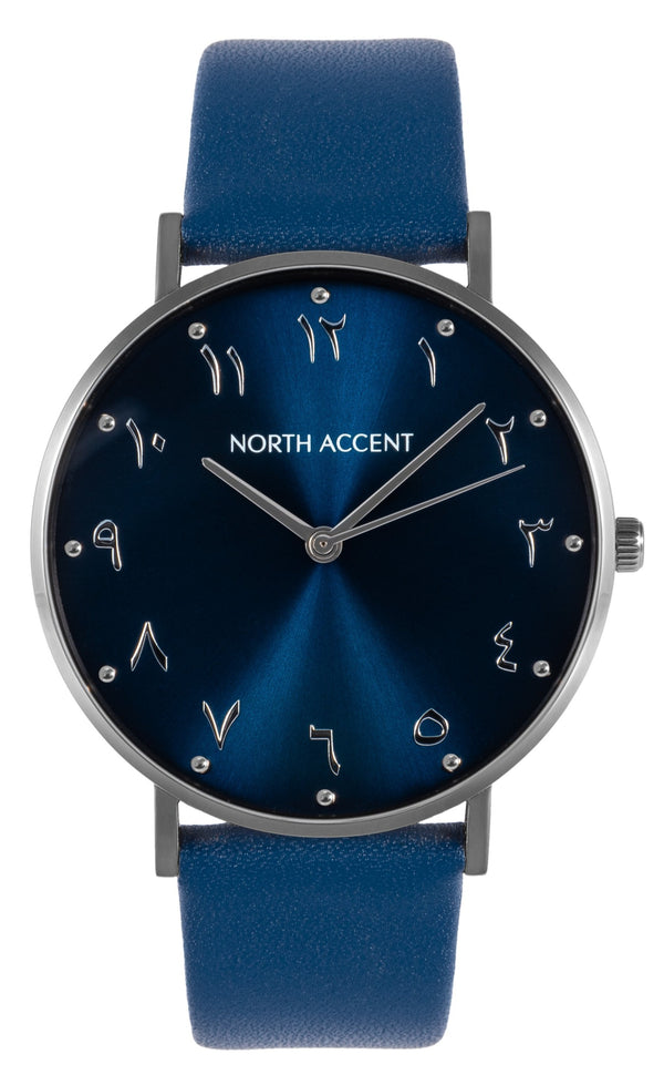 Azure Silver | Blue Leather - NORTH ACCENT Inc., Watch watches men women luxury arabic watch classic minimalist,