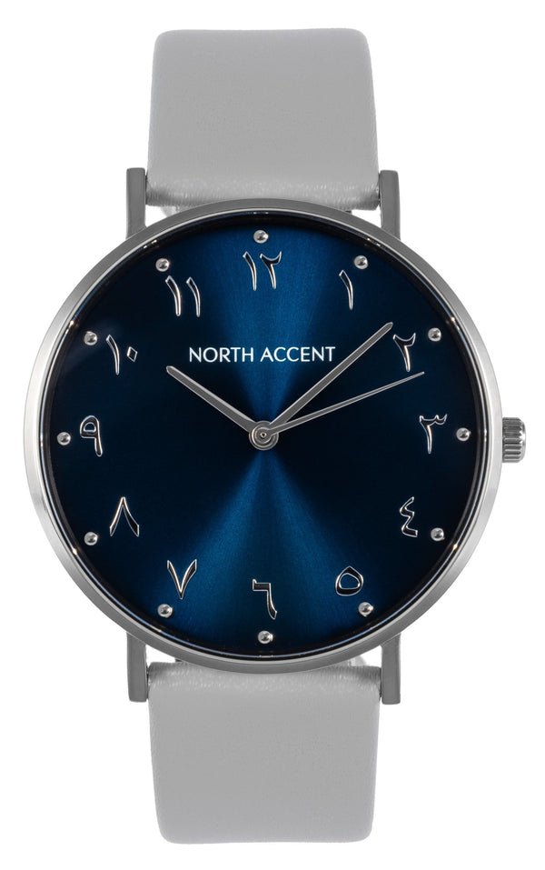 Azure Silver | Gray Leather - NORTH ACCENT Inc., Watch watches men women luxury arabic watch classic minimalist,