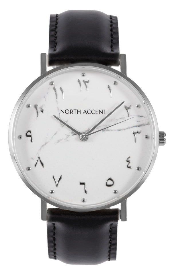 Marble Silver | Black Leather - NORTH ACCENT Inc., Watch watches men women luxury arabic watch classic minimalist,