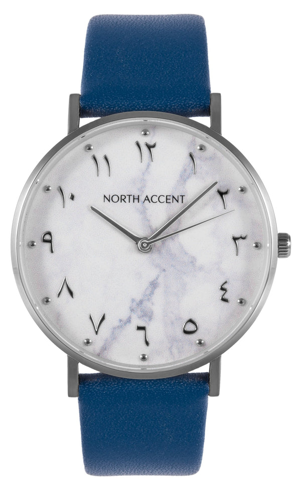 Marble Silver | Blue Leather - NORTH ACCENT Inc., Watch watches men women luxury arabic watch classic minimalist,