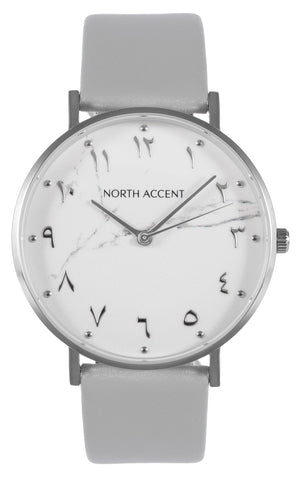 Marble Silver | Gray Leather - NORTH ACCENT Inc., Watch watches men women luxury arabic watch classic minimalist,
