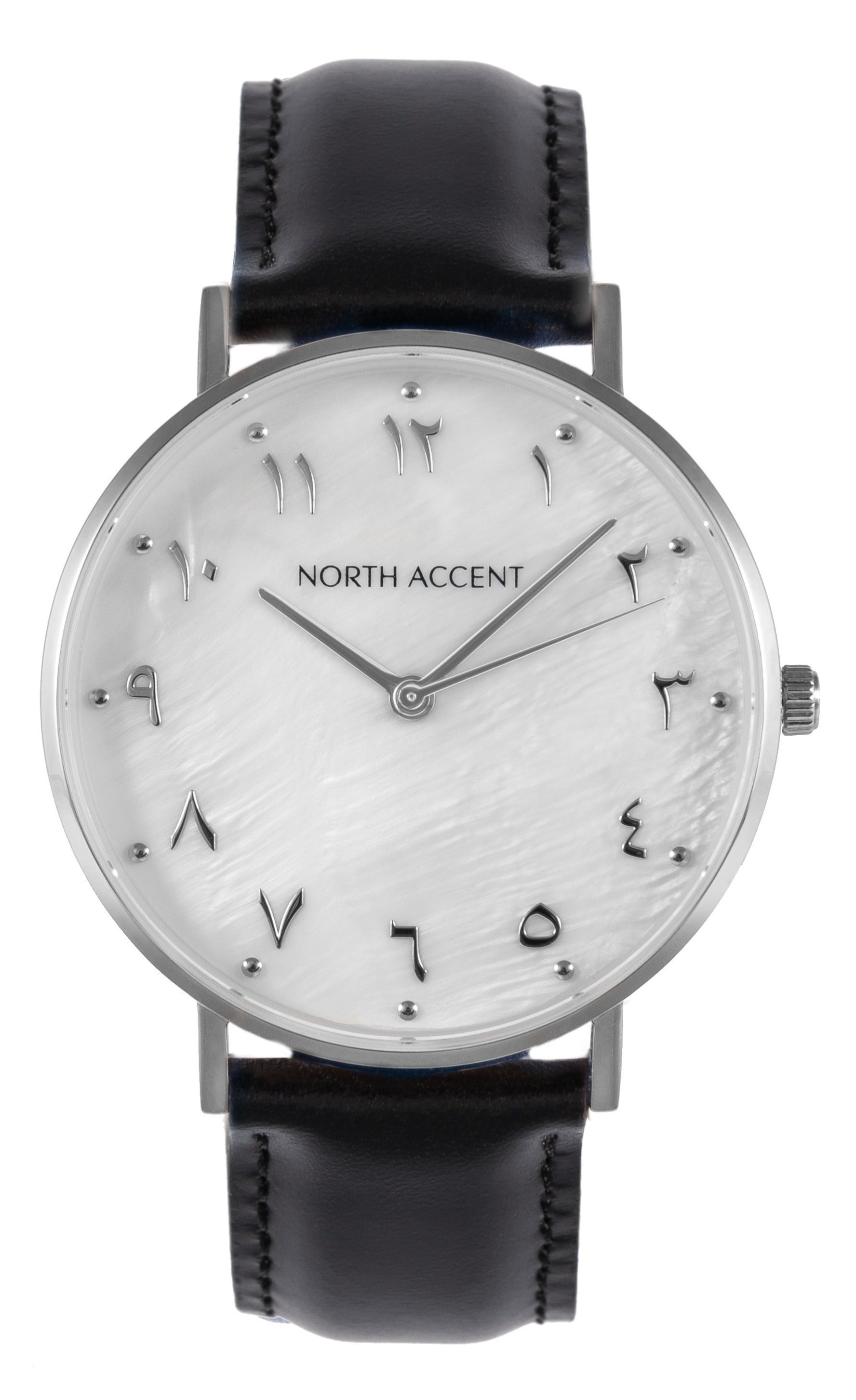 Pearl Silver | Black Leather - NORTH ACCENT Inc., Watch watches men women luxury arabic watch classic minimalist,