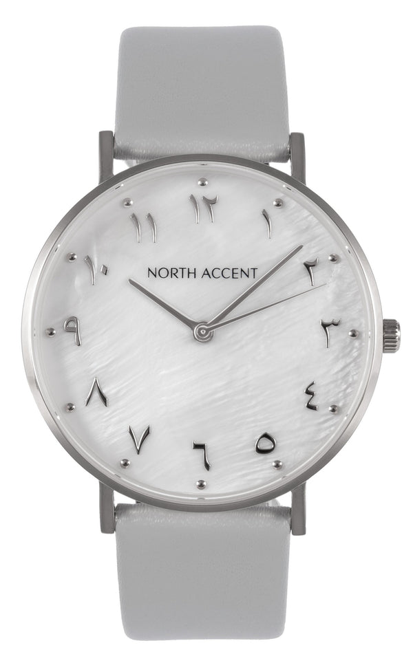 Pearl Silver | Gray Leather - NORTH ACCENT Inc., Watch watches men women luxury arabic watch classic minimalist,